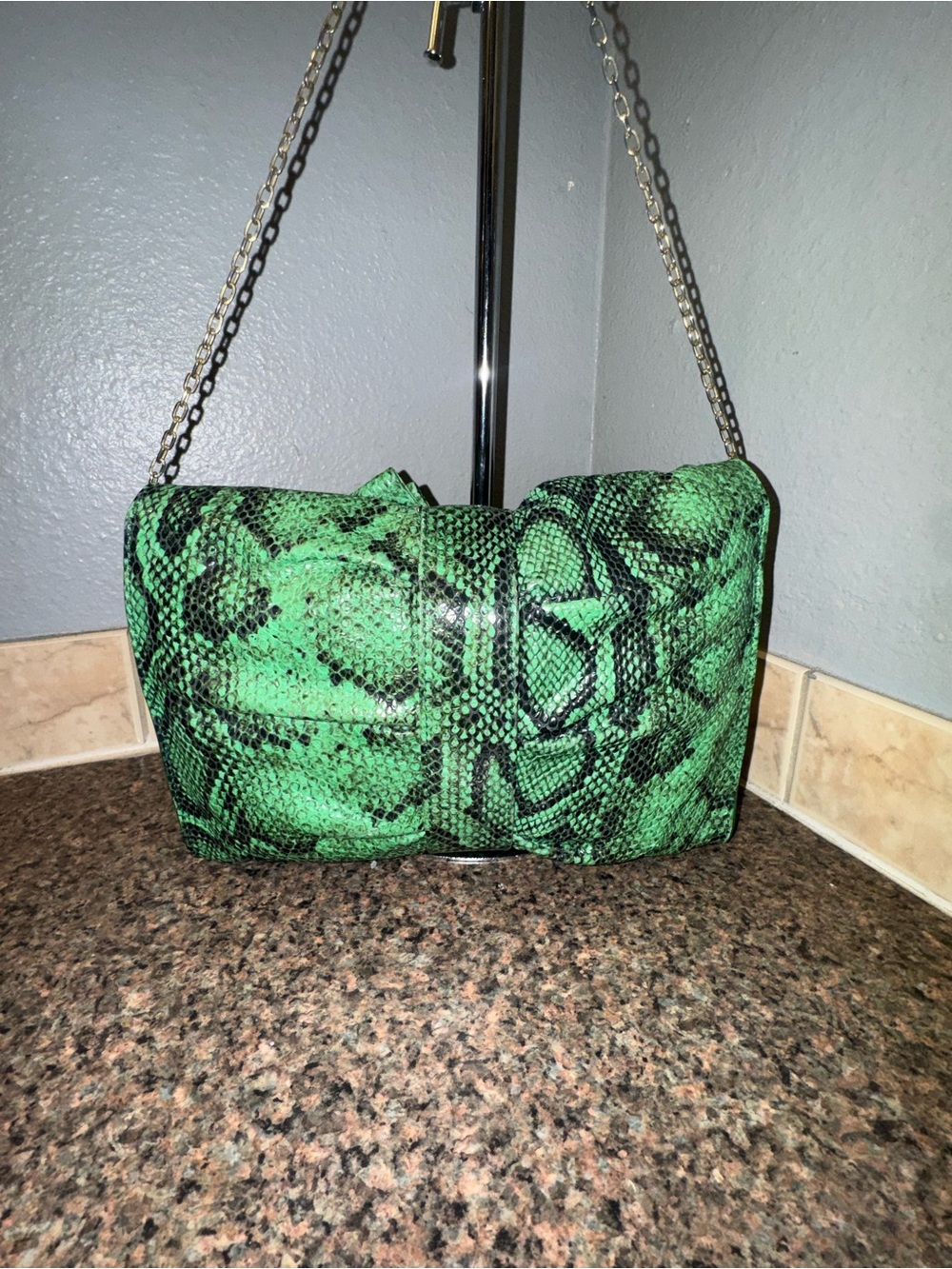 Furla Authentic Green Python Snakeskin Print Leather Chain Shoulder Bag EUC - Picture 2 of 9